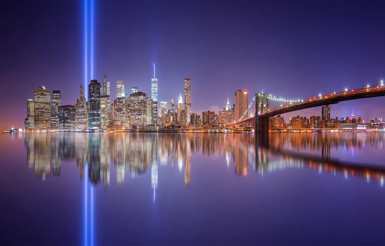Photo wallpaper light, reflection, night, the city, lights, USA, New York