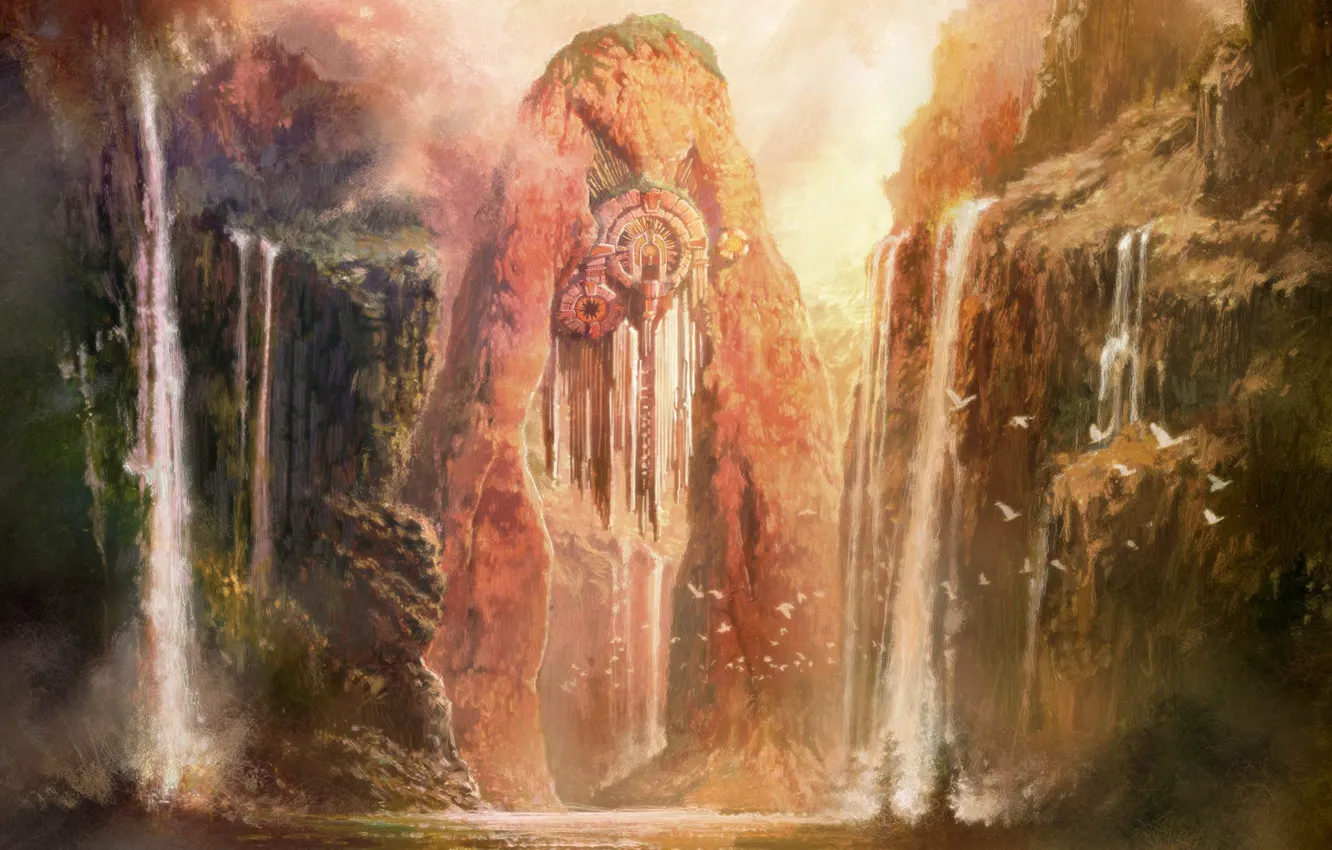 Photo wallpaper water, mountains, bird, waterfall