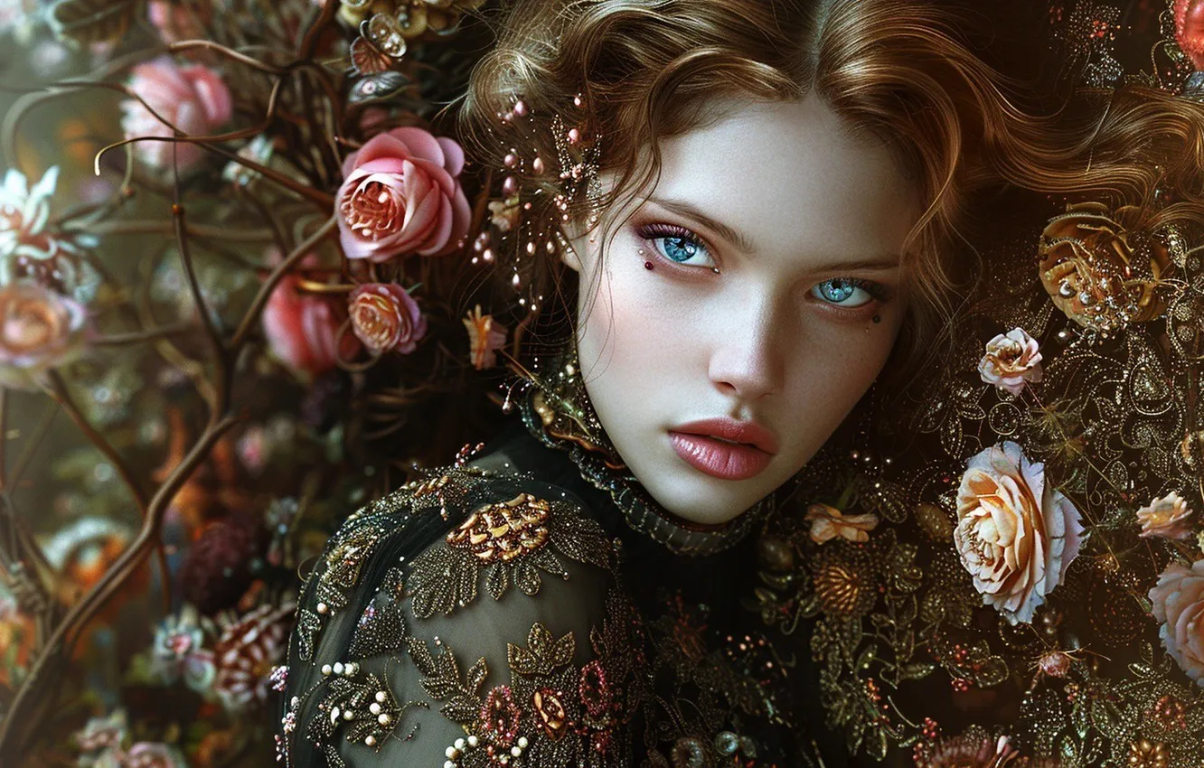 Photo wallpaper look, girl, decoration, flowers, branches, fantasy, portrait, roses