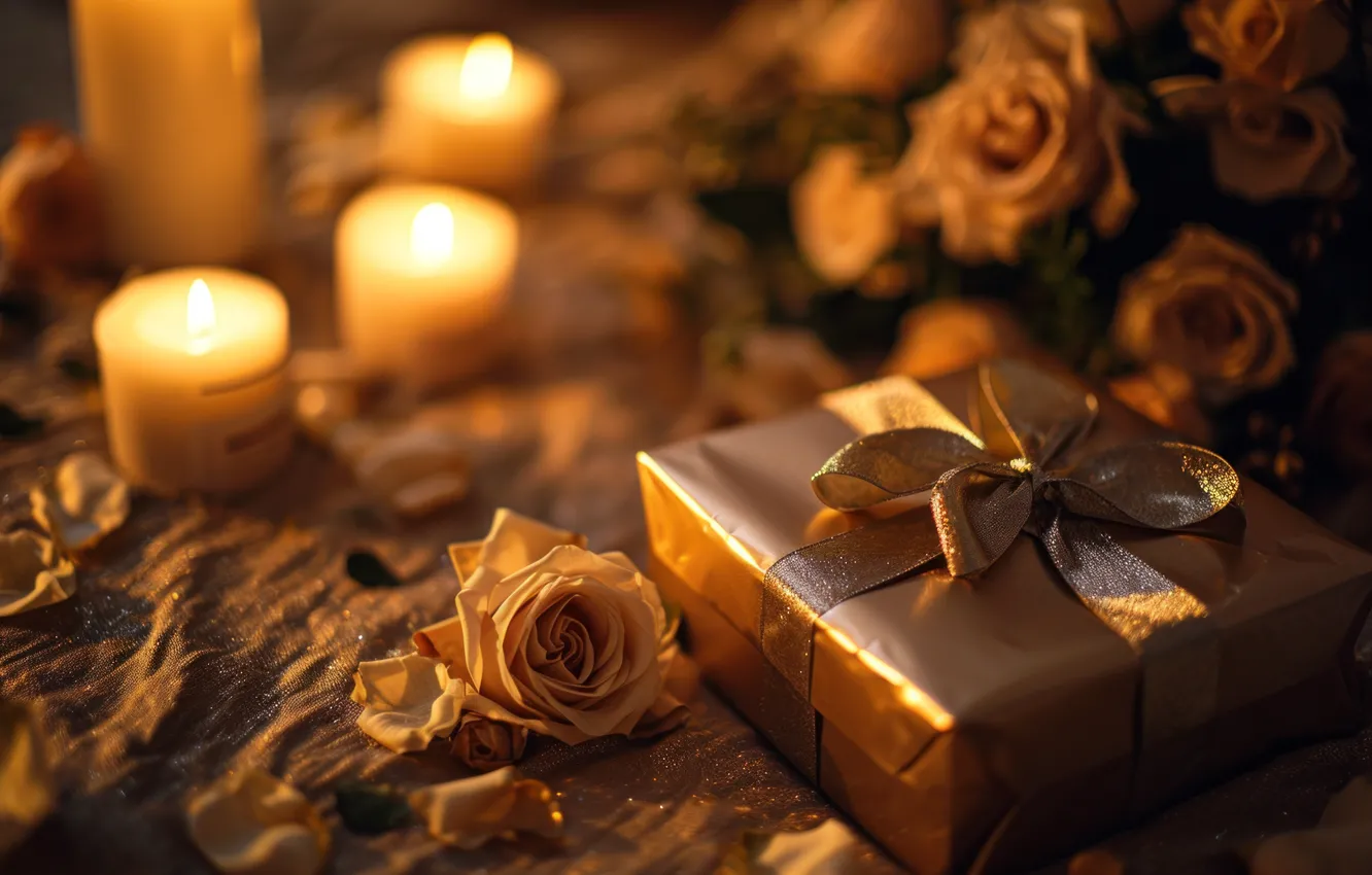 Photo wallpaper flowers, birthday, holiday, gift, roses, bouquet, candles, bow