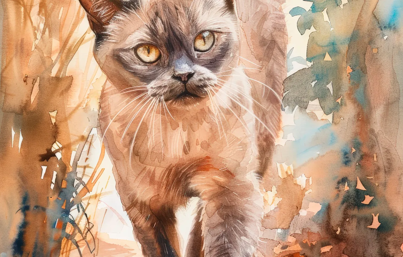 Photo wallpaper cat, grass, cat, look, art, front, Siamese, digital art