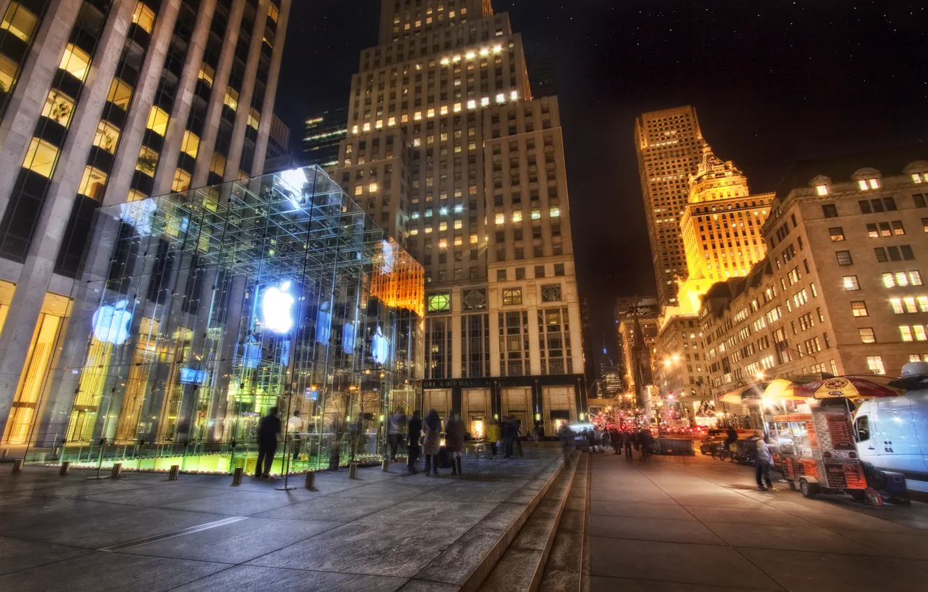 Photo wallpaper night, new York, Manhattan, new york, usa, nyc, Apple Store, Fifth Avenue