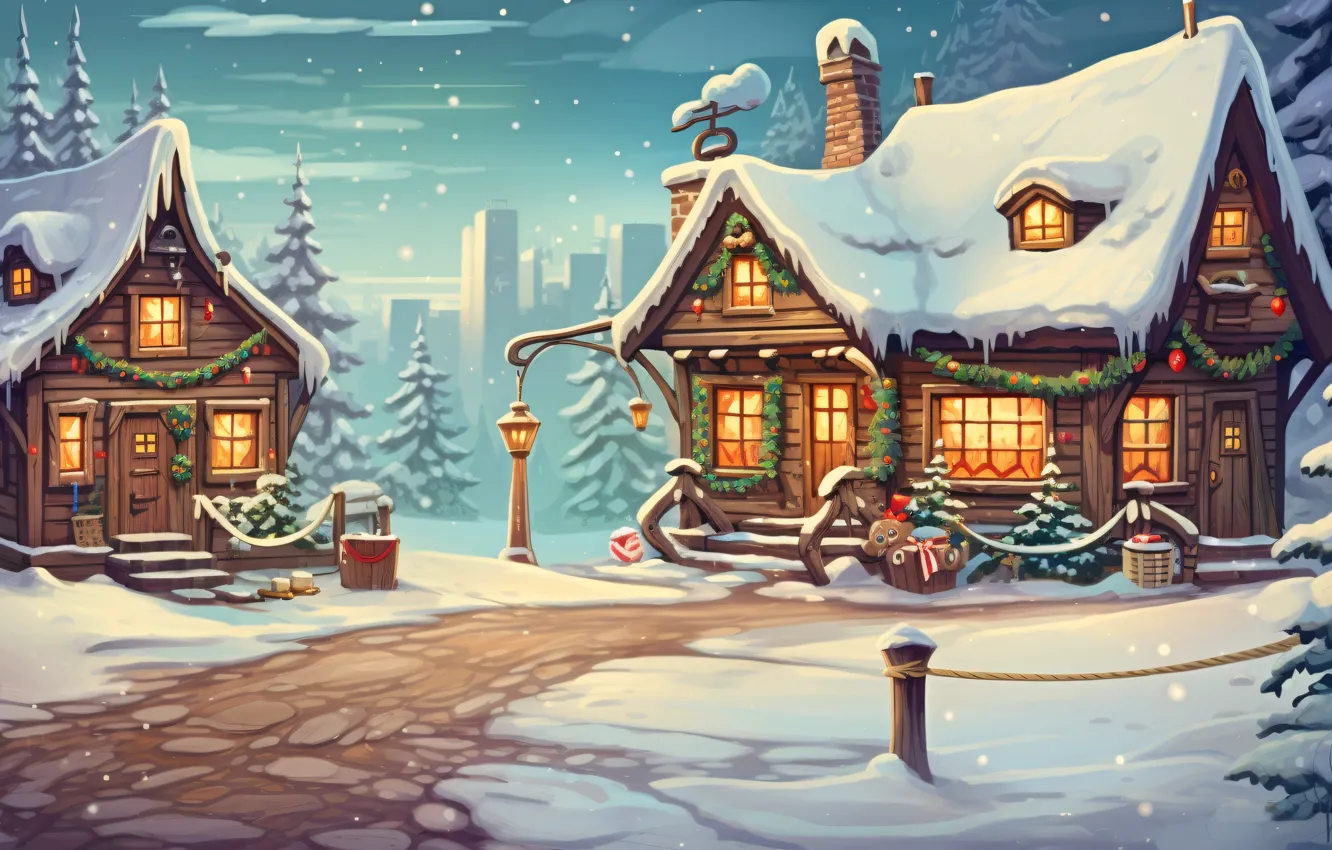 Photo wallpaper winter, snow, holiday, graphics, tree, new year, home, Christmas