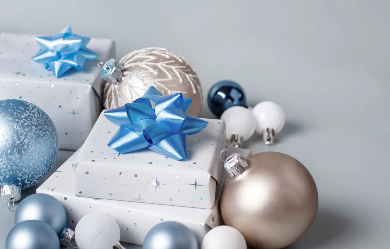 Photo wallpaper balls, decoration, blue, holiday, box, gift, blue, balls