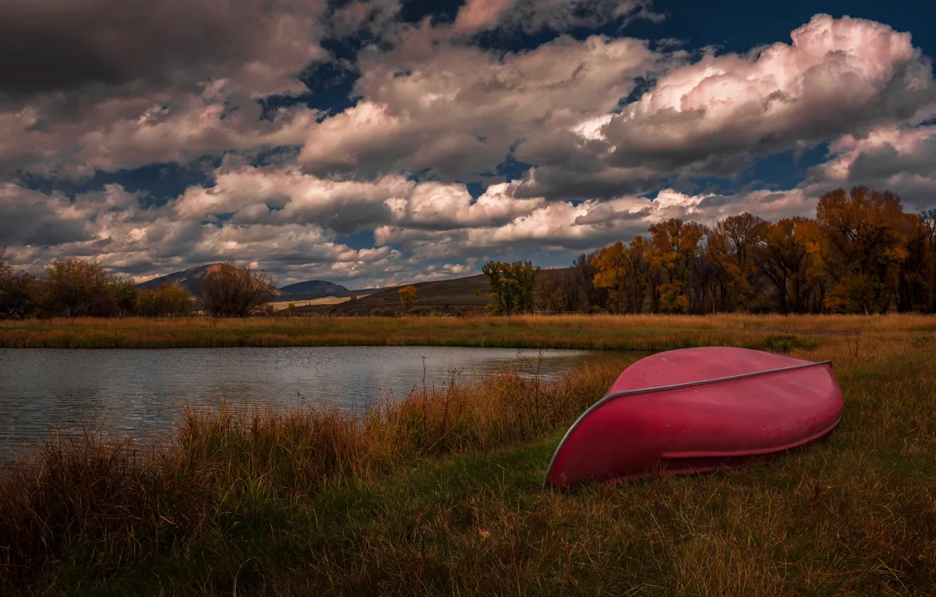 Photo wallpaper pond, boat, dry grass, shore, autumn, clouds