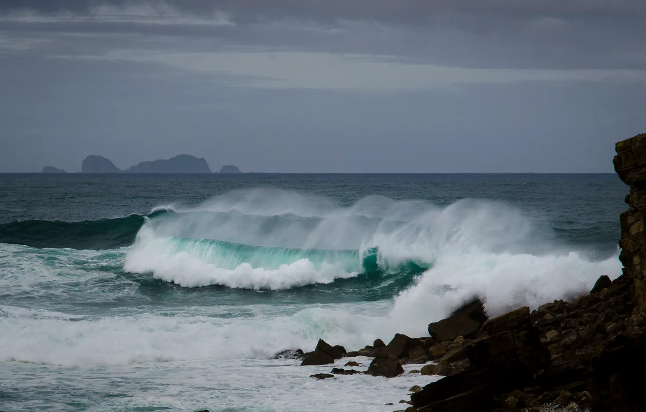 Photo wallpaper sea, wave, rocks, Portugal