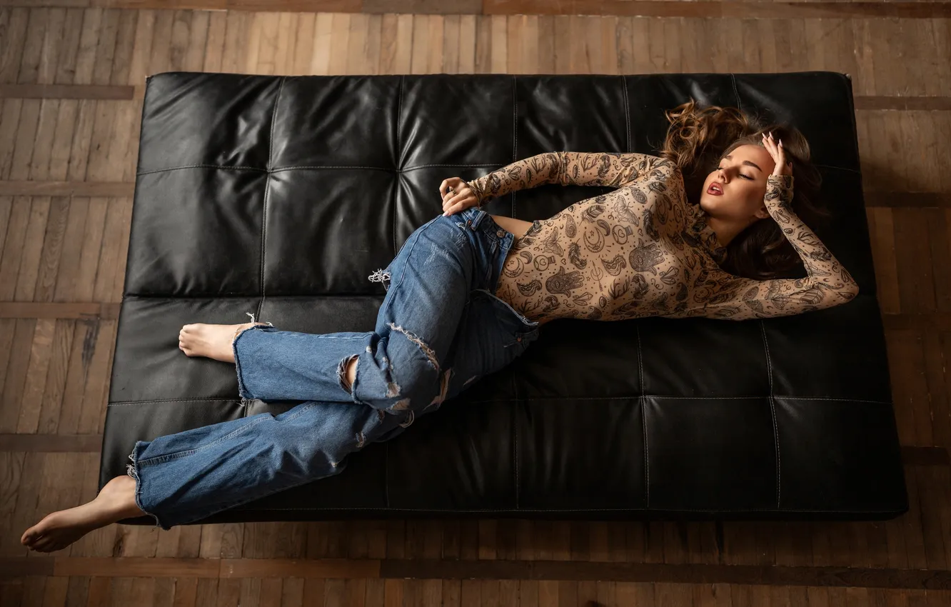 Photo wallpaper girl, pose, jeans, figure, body, closed eyes, Roman Ivanov, Maria Oblyak