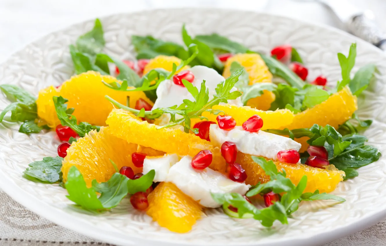 Photo wallpaper orange, garnet, salad, mozzarella