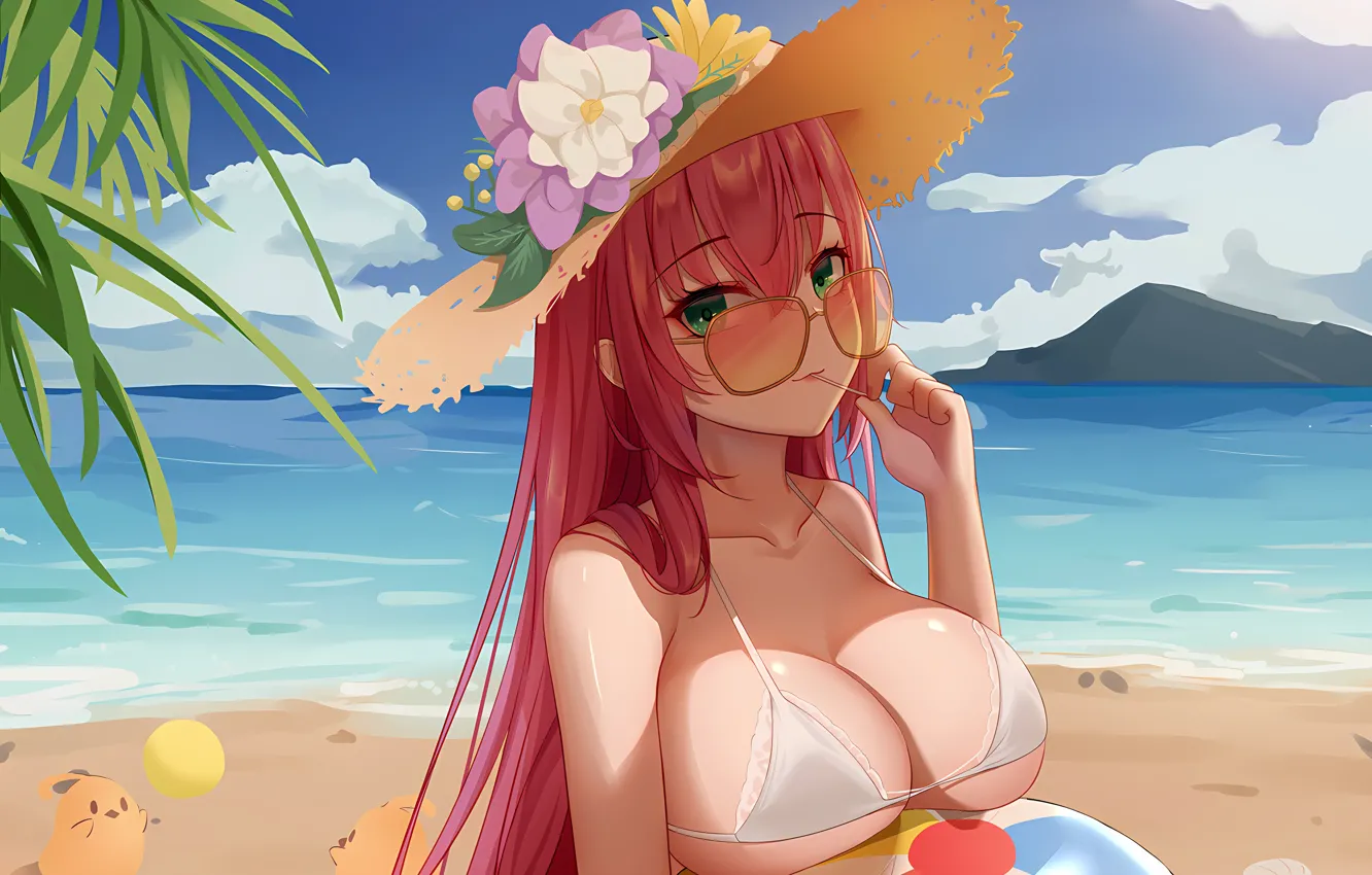Photo wallpaper girl, sexy, cleavage, beach, pink hair, sky, green eyes, long hair
