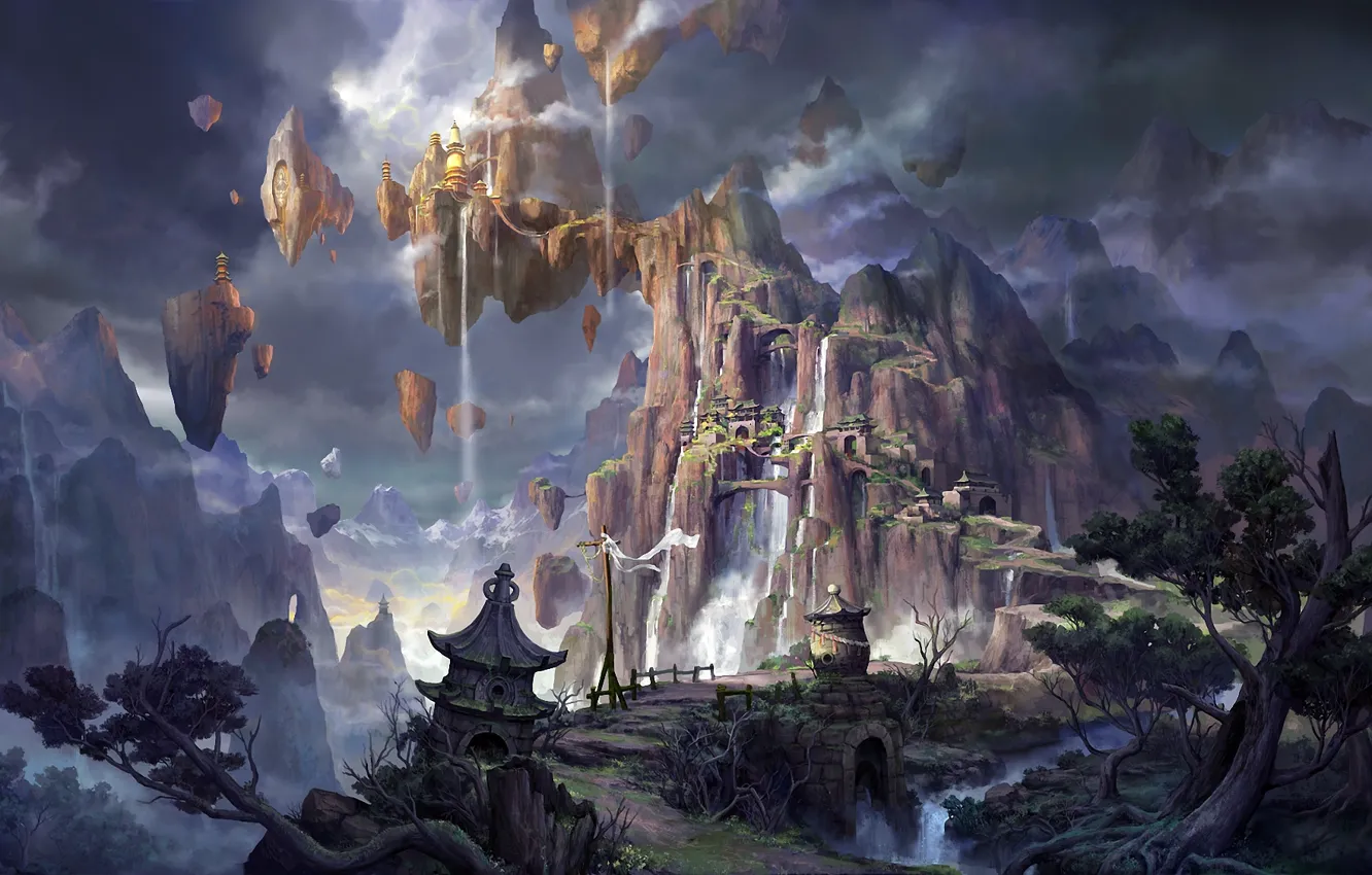 Photo wallpaper mountains, rocks, Asia, building, height, waterfall, fantasy, art
