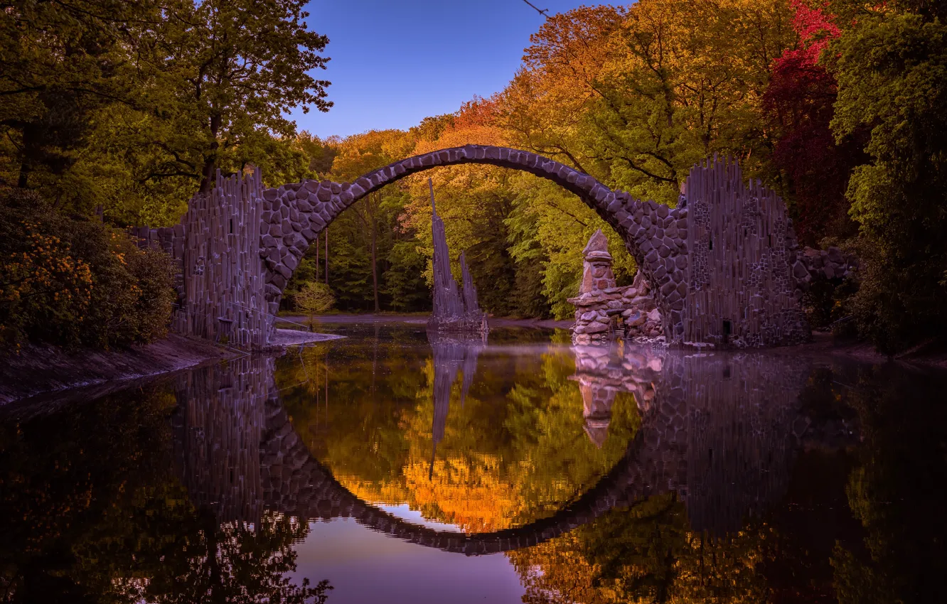 Photo wallpaper autumn, forest, trees, bridge, lake, reflection, Germany, Germany