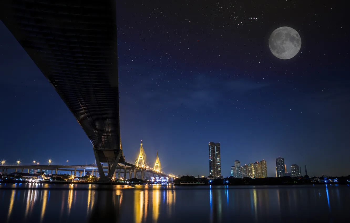 Photo wallpaper night, bridge, the city, lights, river, the moon, Thailand, Bangkok