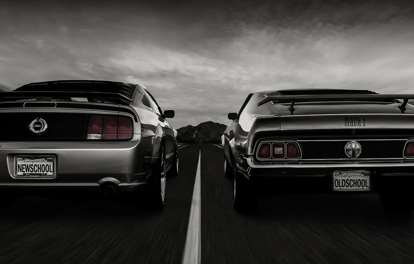 Photo wallpaper Mustang, Ford, road, Rear, new school, Old School