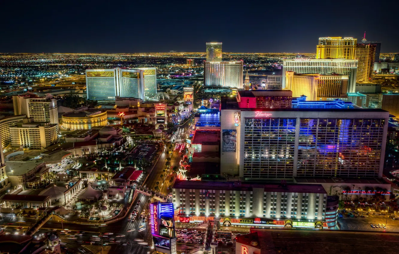 Photo wallpaper the city, lights, road, Las Vegas, panorama, usa, hotels, horizon.