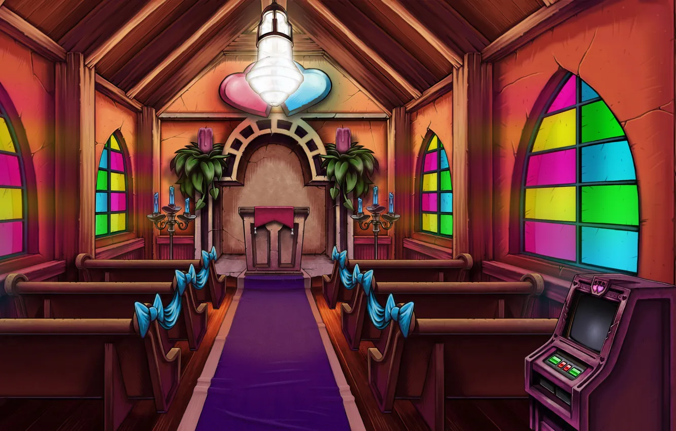 Photo wallpaper church, cloth, benches, Larry Reloaded