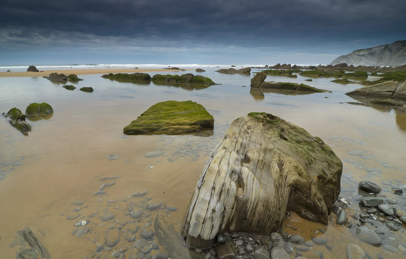Photo wallpaper sea, the sky, water, transparency, clouds, stones, the bottom, the evening