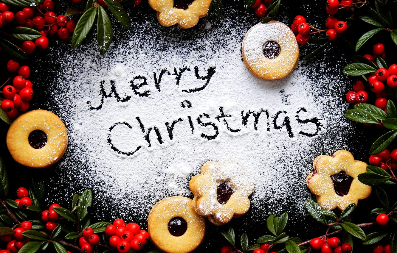 Photo wallpaper winter, red, berries, holiday, new year, food, cookies, Christmas