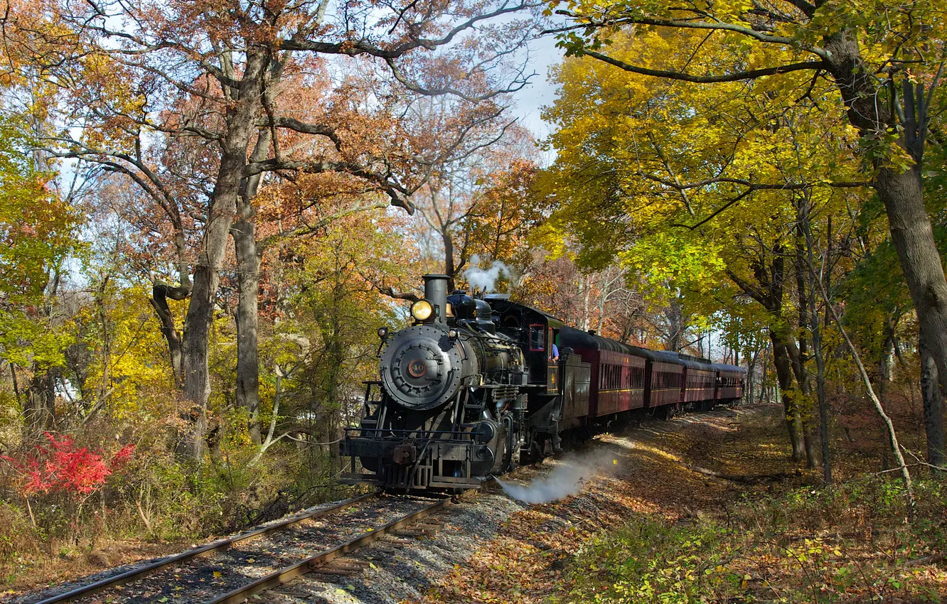 Photo wallpaper autumn, landscape, retro, rails, the engine, railroad, Steam