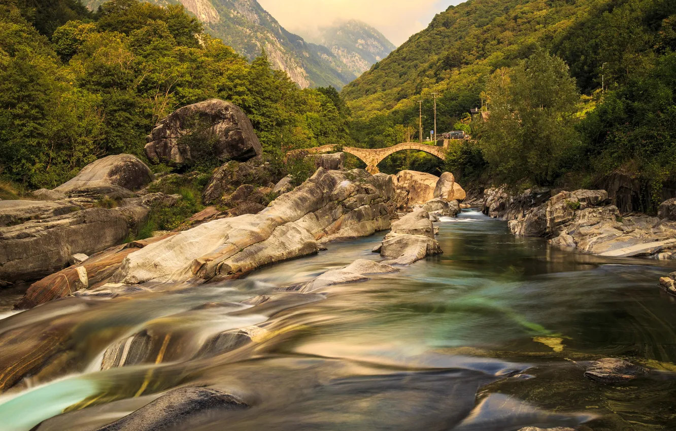 Photo wallpaper forest, trees, mountains, bridge, stones, Switzerland, river, Ticino