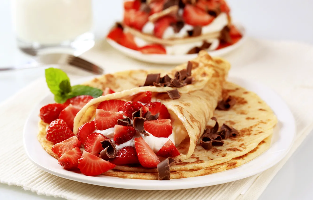 Photo wallpaper berries, food, chocolate, fruit, pancakes, cream, dessert, food
