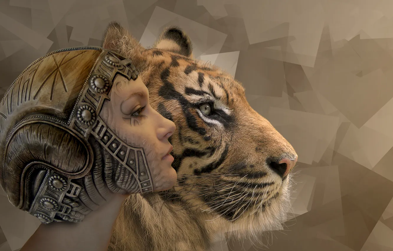 Photo wallpaper girl, abstraction, face, tiger, background, predator, squares, profile