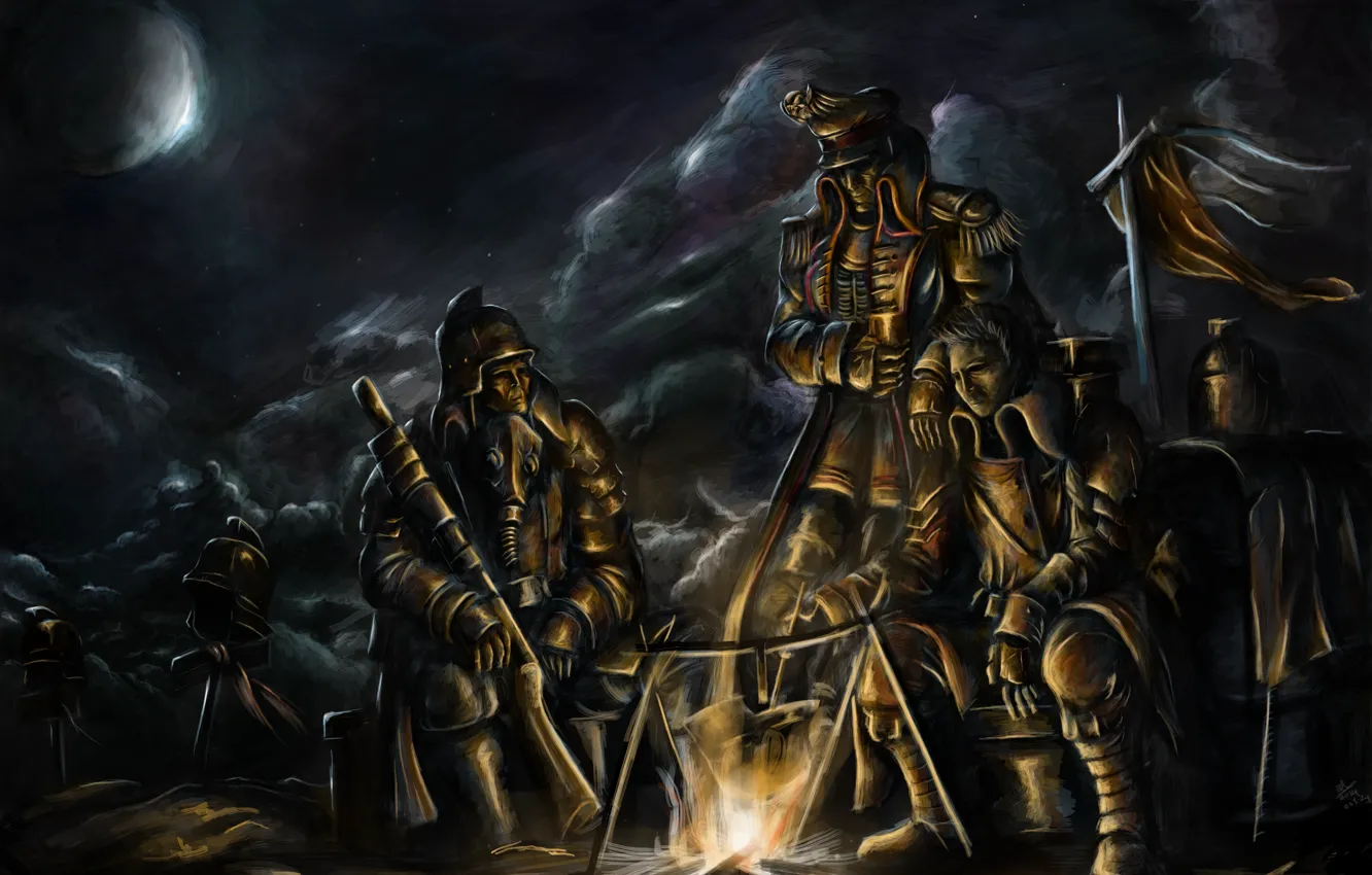 Photo wallpaper night, weapons, the moon, the game, people, flag, the fire, art