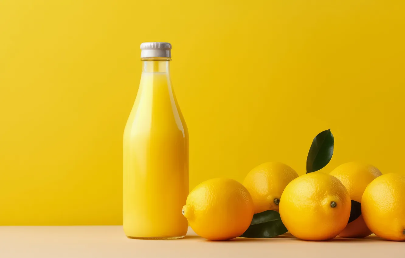Photo wallpaper leaves, lemon, bottle, citrus, yellow background, AI art, lemon juice, neural network