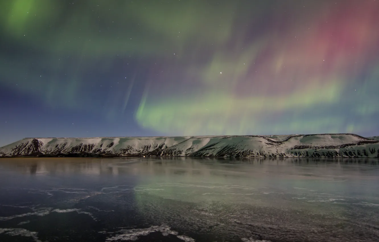 Photo wallpaper ice, the sky, snow, night, lake, Northern lights, Iceland