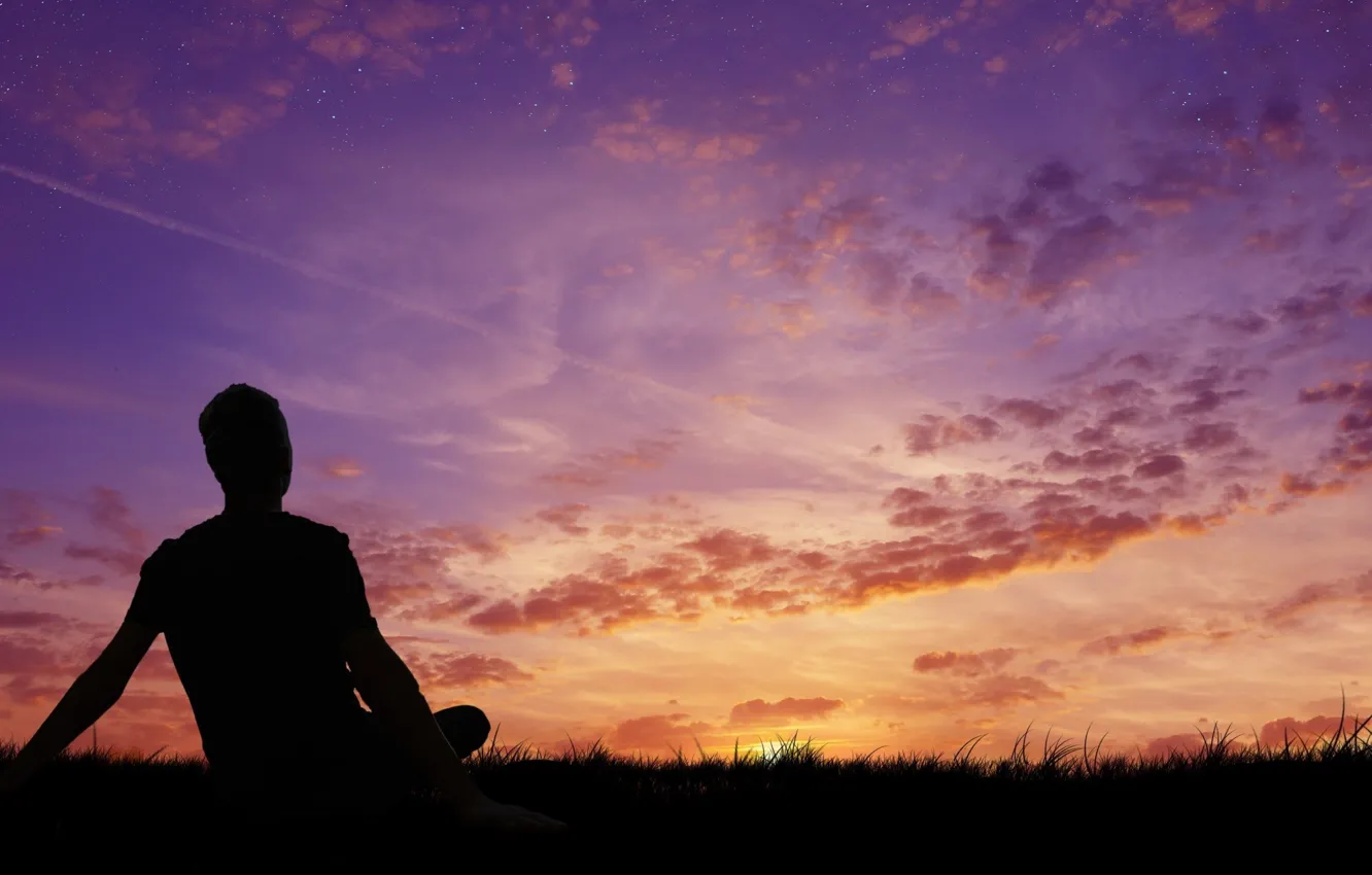 Photo wallpaper the sky, grass, the sun, stars, clouds, night, dawn, black