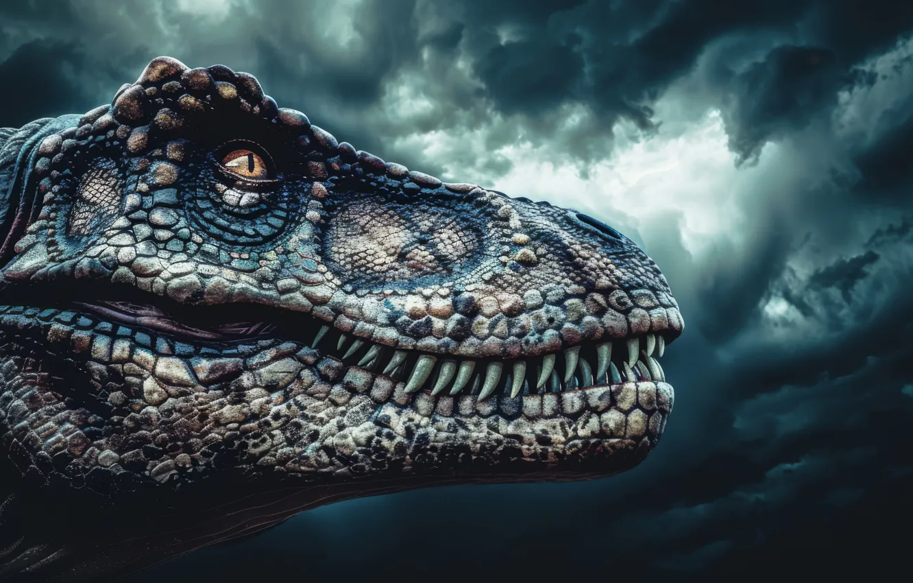 Photo wallpaper look, face, clouds, animal, dinosaur, predator, head, side