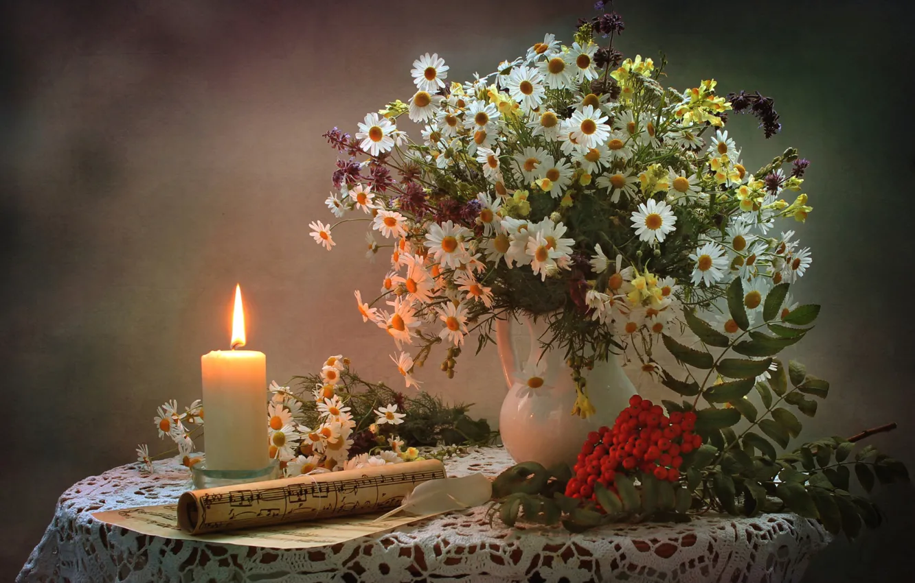Photo wallpaper notes, chamomile, candle, bouquet, still life, Rowan