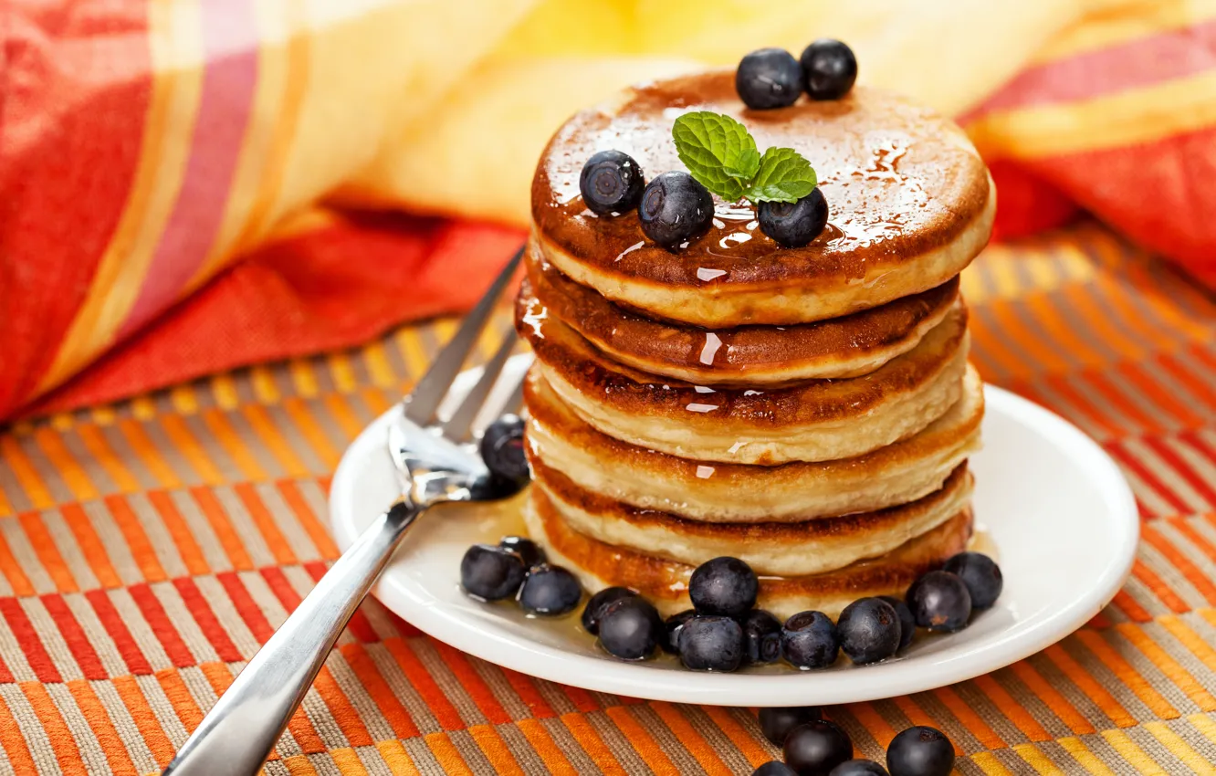 Photo wallpaper berries, food, blueberries, plate, plug, pancakes, pancakes