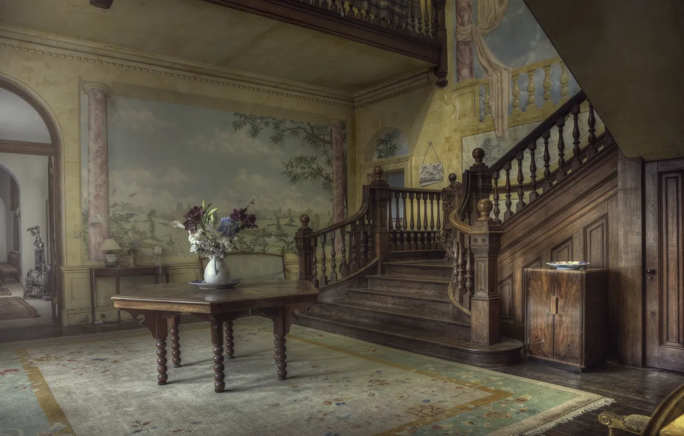 Photo wallpaper flowers, table, room, ladder, vase, mansion
