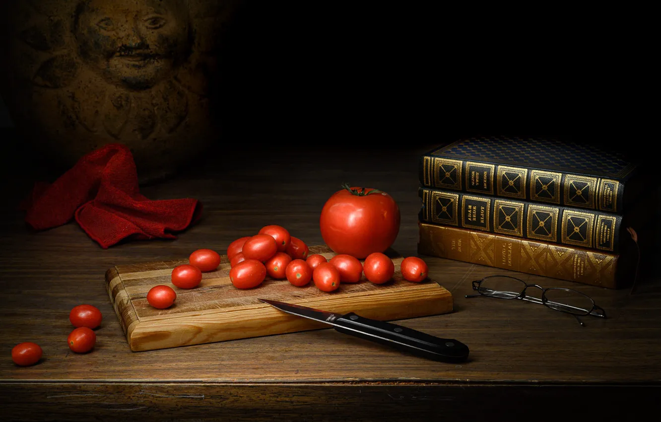 Photo wallpaper the dark background, table, towel, glasses, knife, pot, book, still life