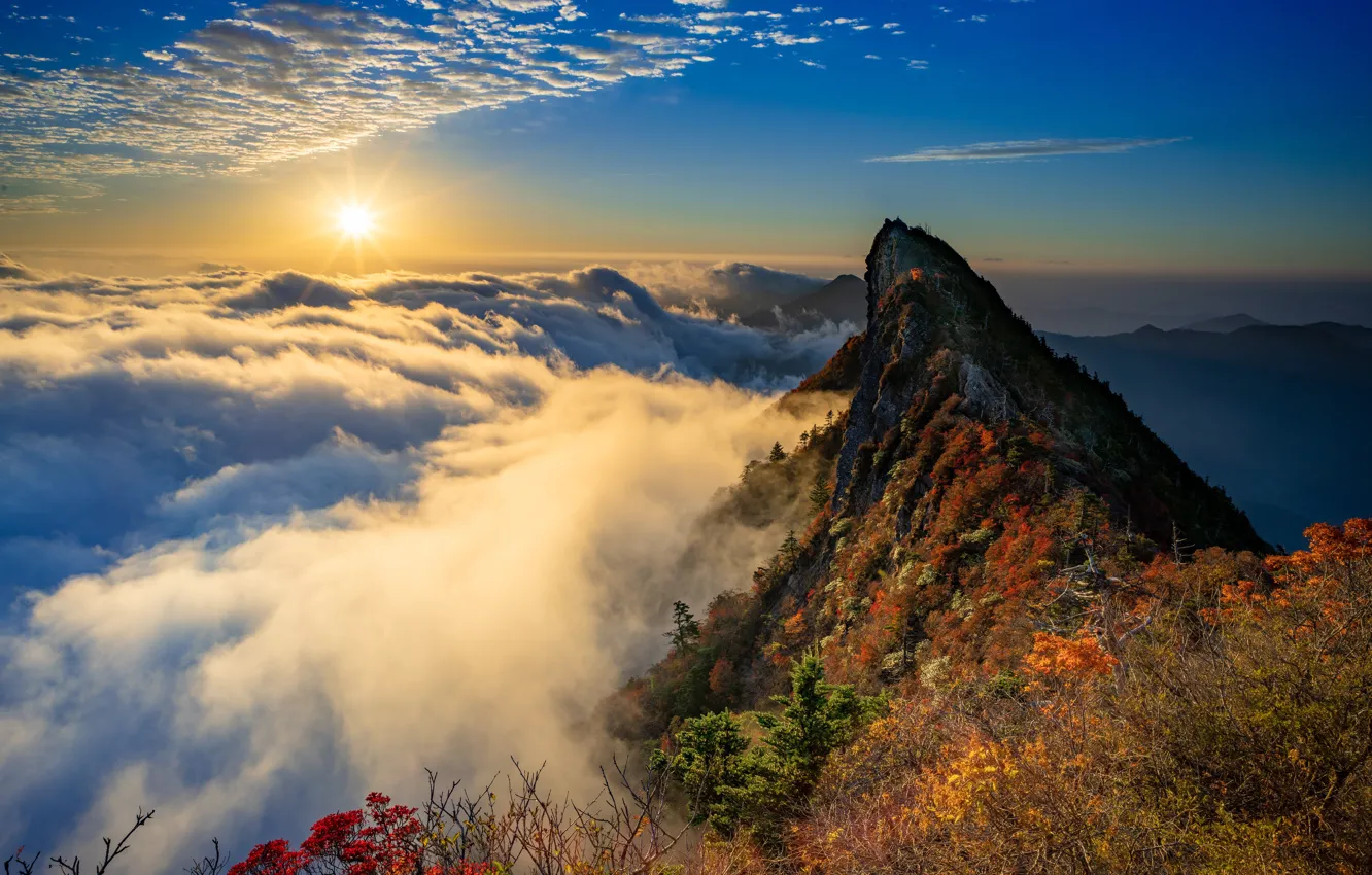 Photo wallpaper autumn, the sun, clouds, rays, landscape, mountains, nature, peak