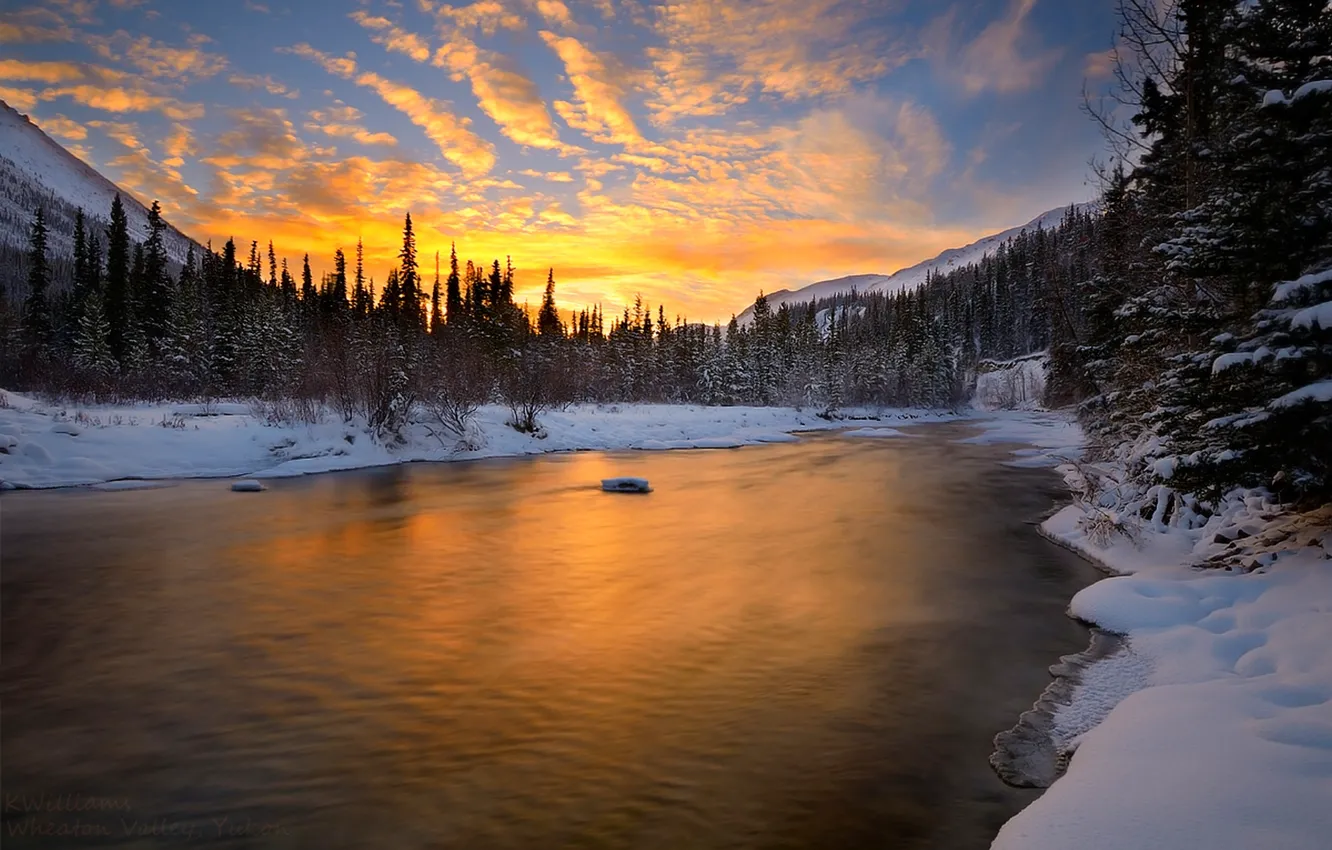 Photo wallpaper winter, the sky, clouds, snow, landscape, sunset, nature, river