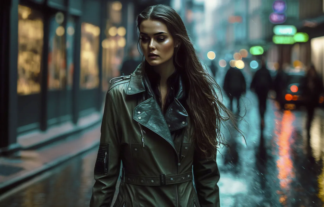 Photo wallpaper road, girl, drops, the city, lights, rendering, rain, street