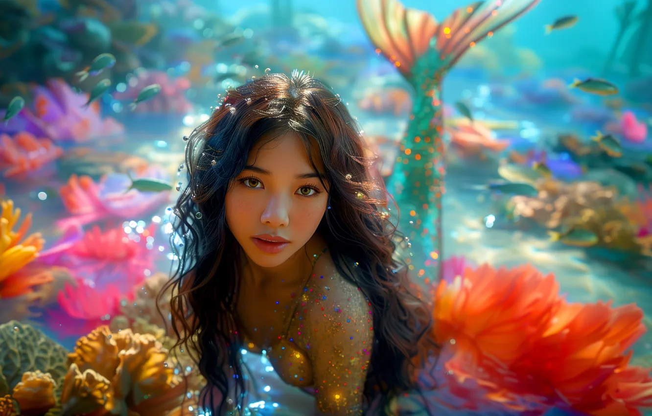 Photo wallpaper look, girl, hair, mermaid, fish, tail, underwater world, digital art
