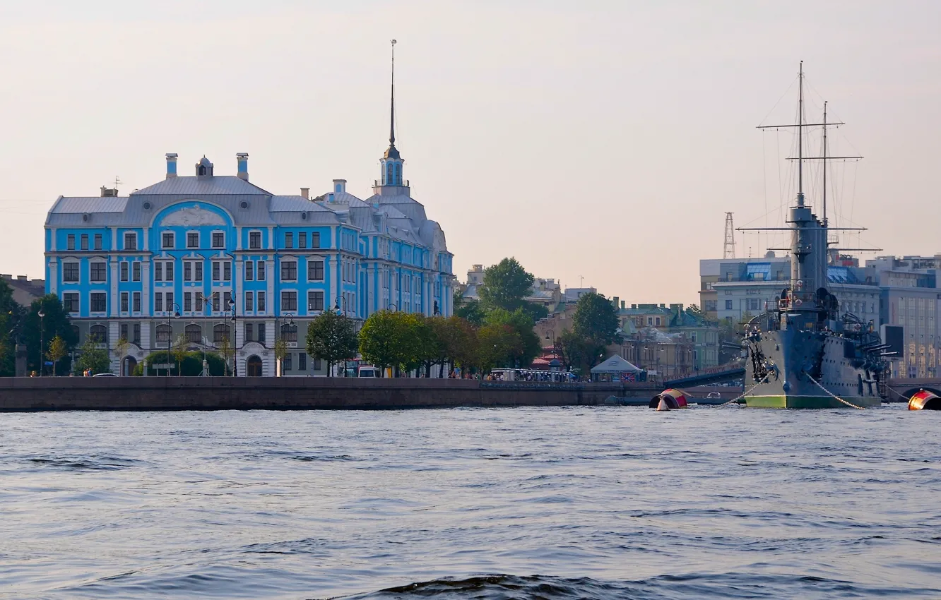 Photo wallpaper river, the building, Saint Petersburg, Aurora, Russia, Museum, promenade, cruiser