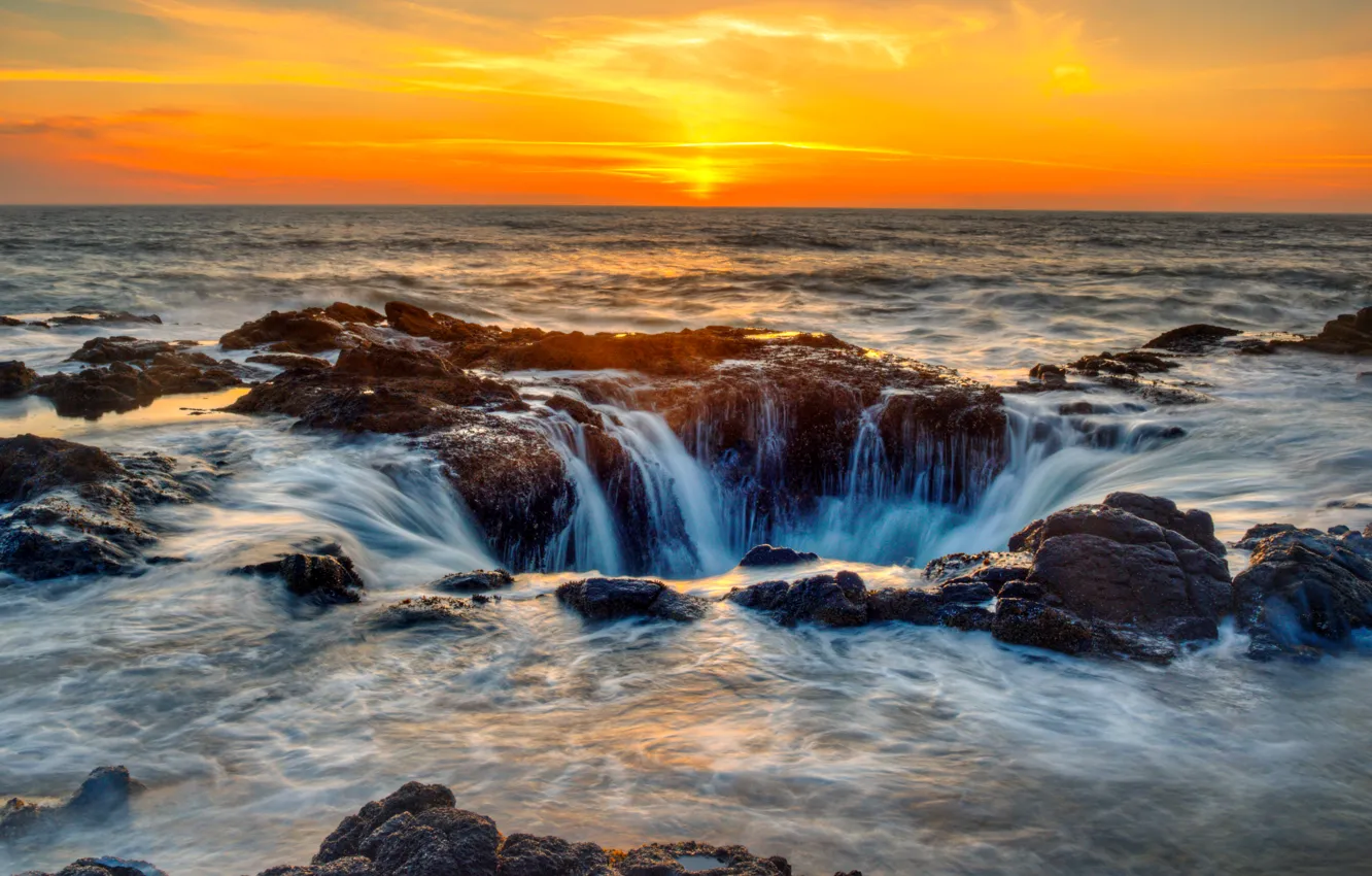 Photo wallpaper sea, the sky, sunset, stones, coast, horizon, surf, USA