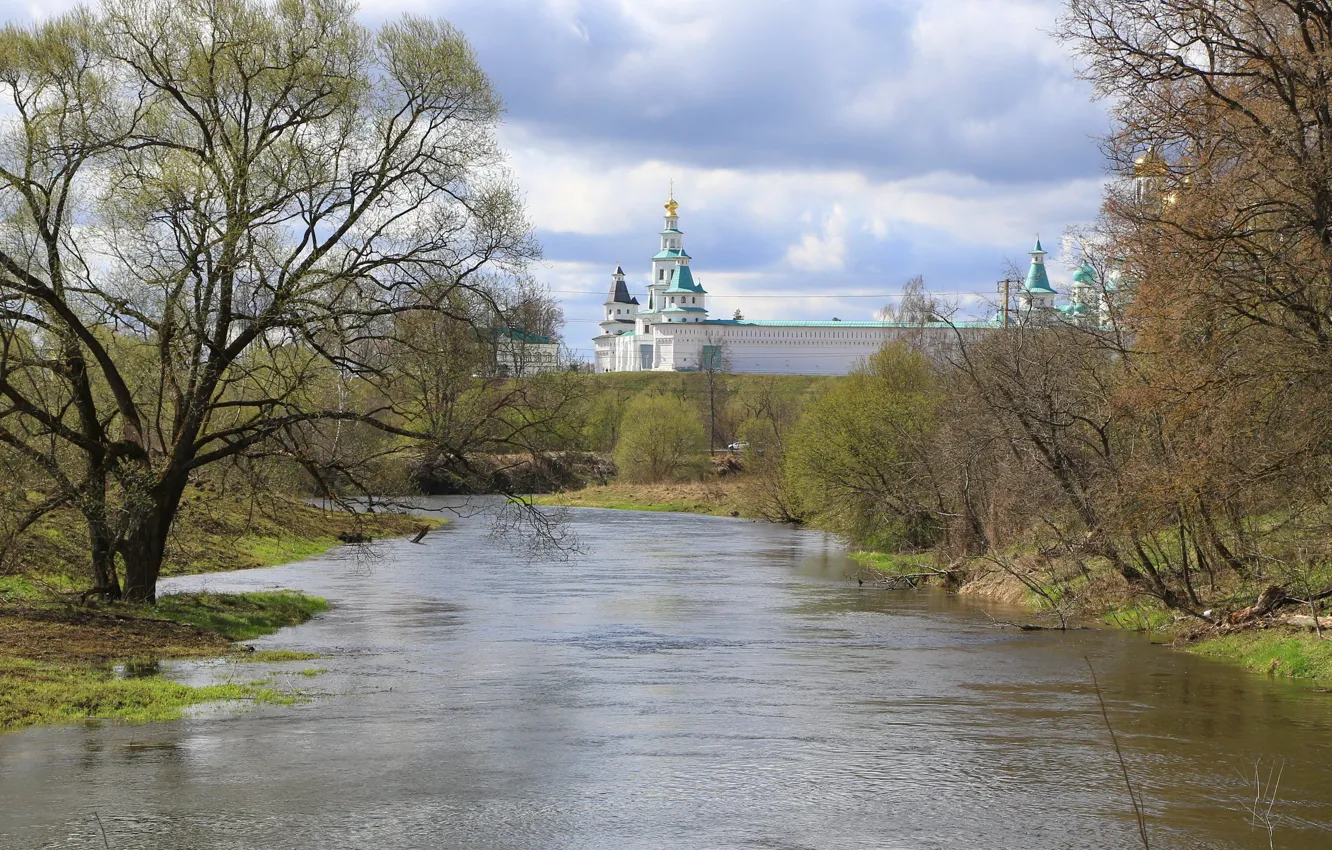 Photo wallpaper landscape, river, spring, Church