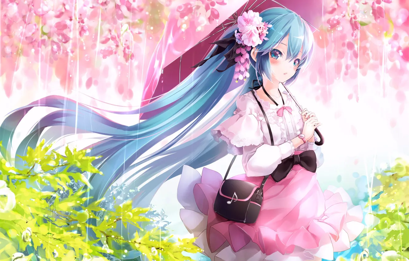 Photo wallpaper girl, flowers, umbrella, anime, art, Vocaloid