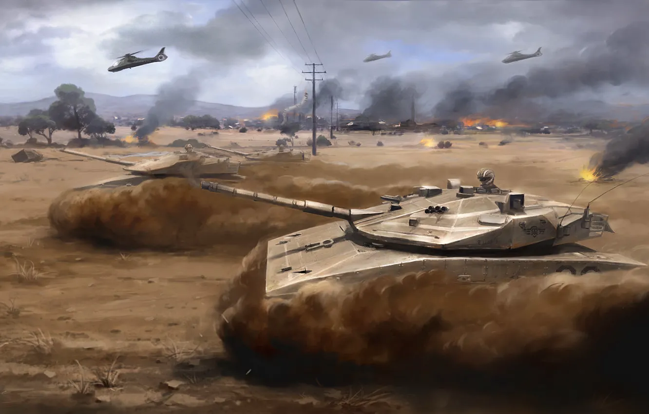 Photo wallpaper war, desert, helicopter, storm, tanks, Arma 3, dust. art