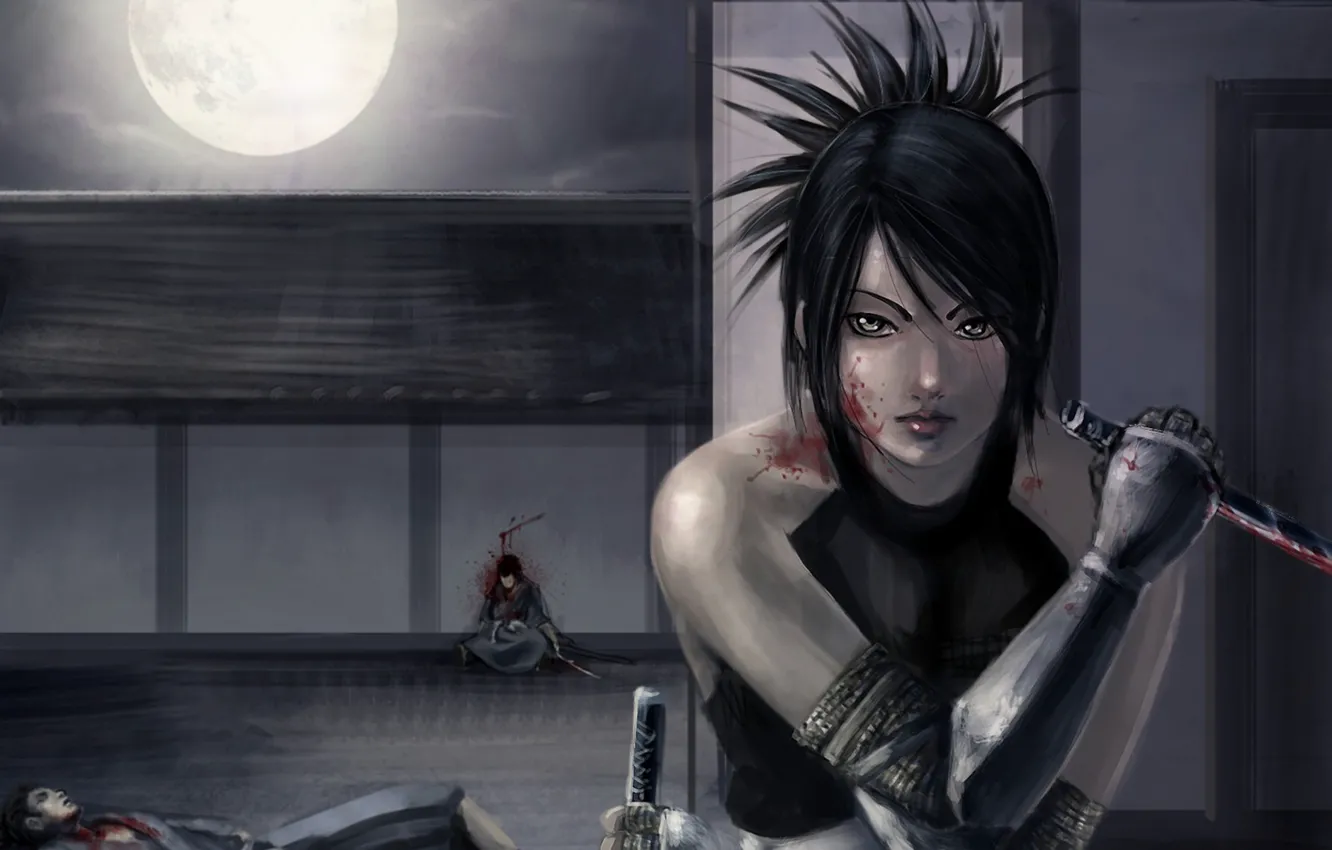 Photo wallpaper girl, night, weapons, the moon, blood, art, knives, wounds