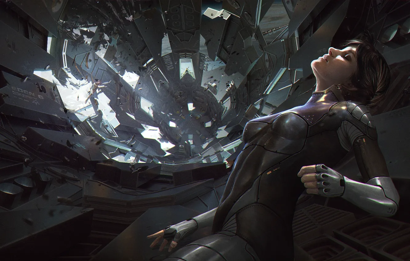 Photo wallpaper the wreckage, girl, space, fiction, figure, disaster, the suit, art