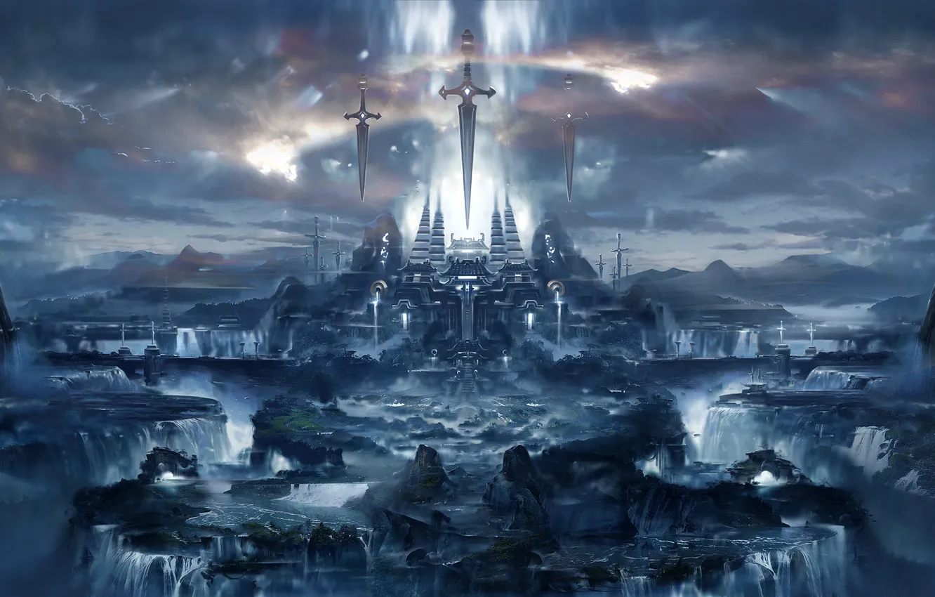 Photo wallpaper the city, view, waterfall, sword, art, temple