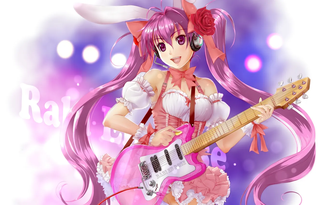 Photo wallpaper look, girl, joy, music, the game, guitar, Bunny, ears