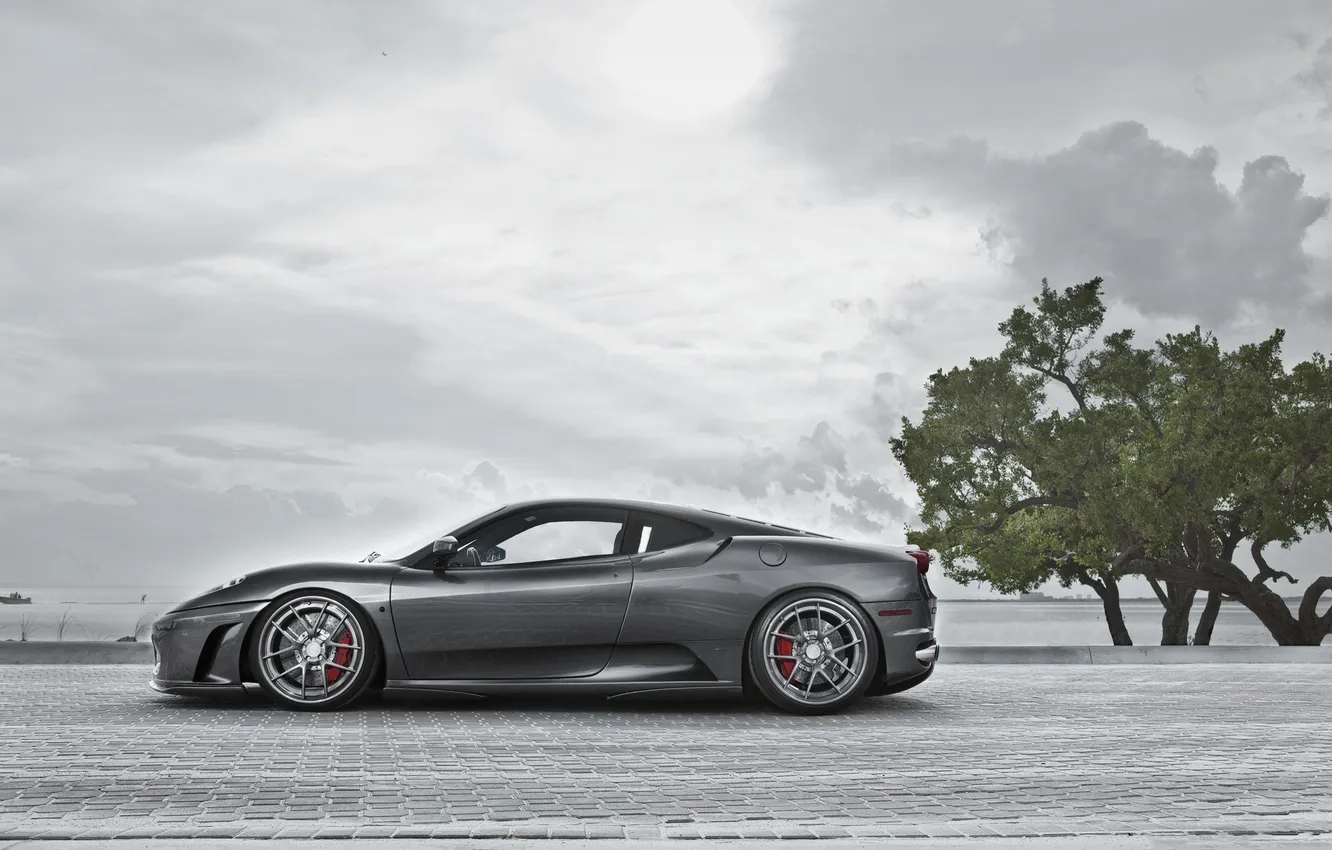 Photo wallpaper the sky, trees, grey, coast, color, pavers, horizon, Ferrari