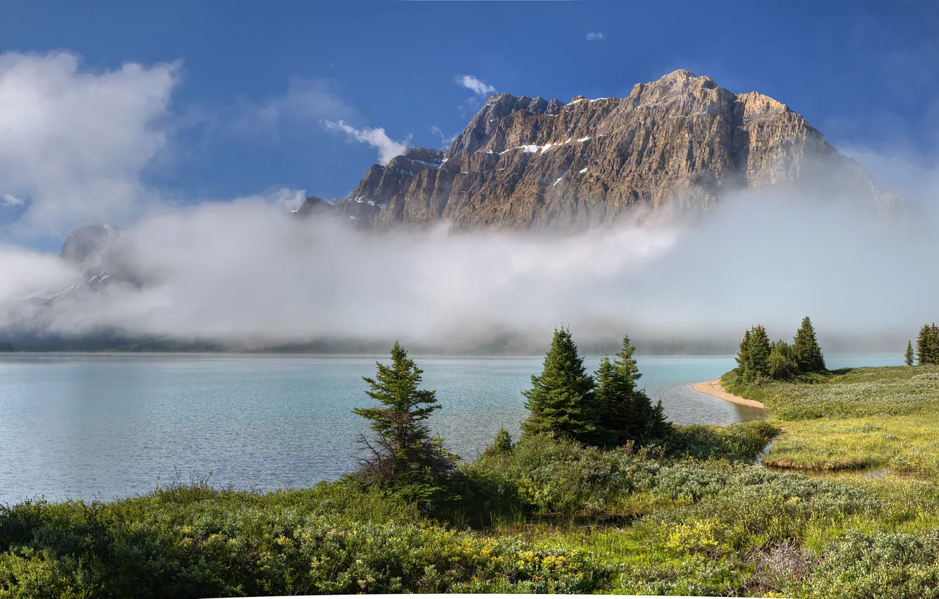 Photo wallpaper the sky, grass, clouds, trees, mountains, lake