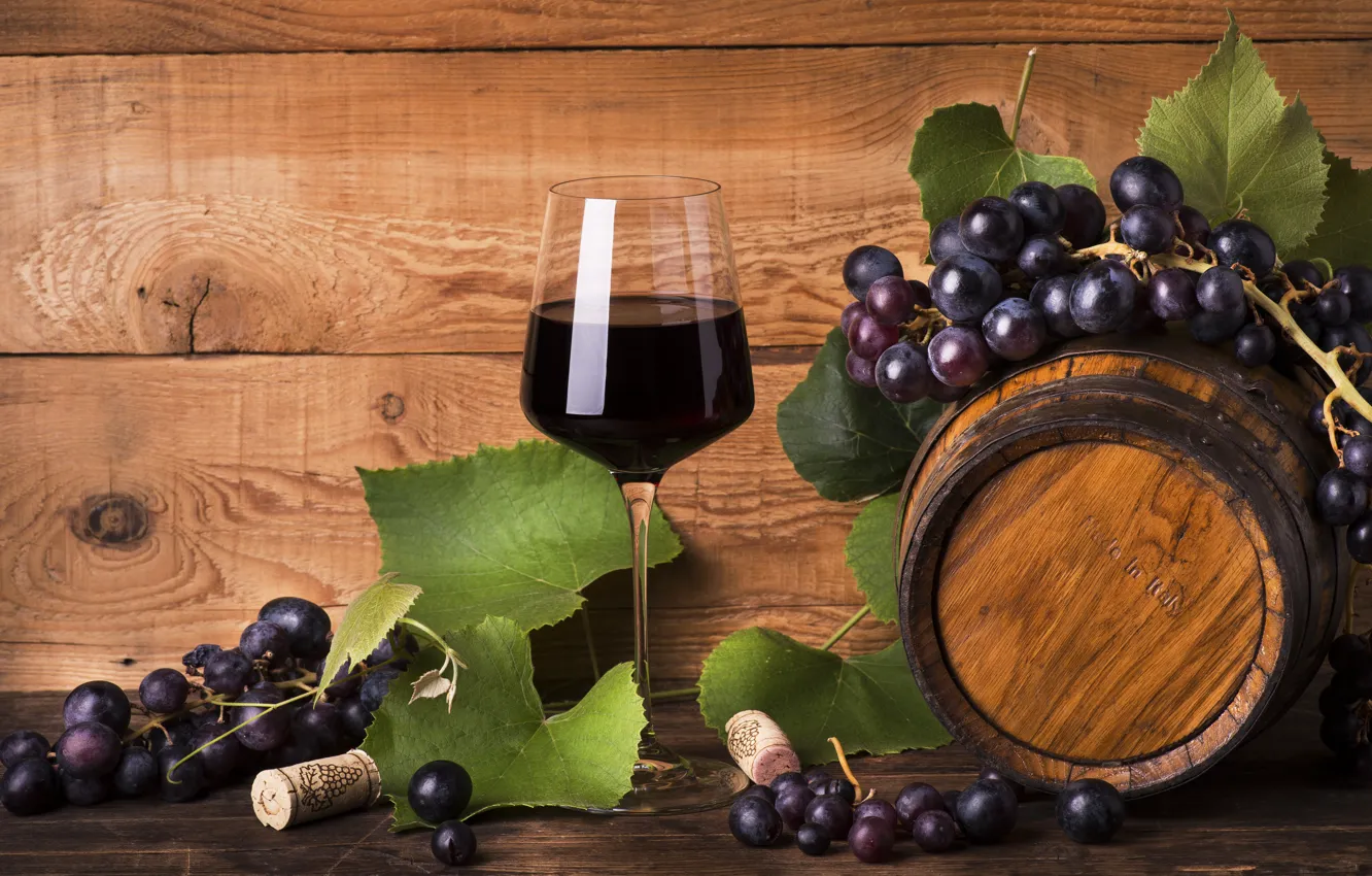 Photo wallpaper red, wine, glass, grapes, barrel, wood, red wine